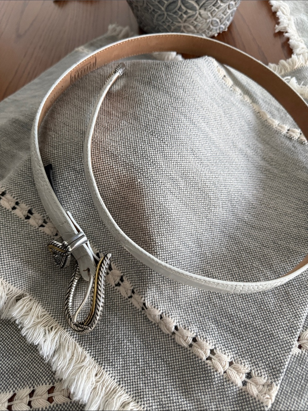 Brighton Women's White Textured Leather Belt with Decorative Silver-Tone Buckle